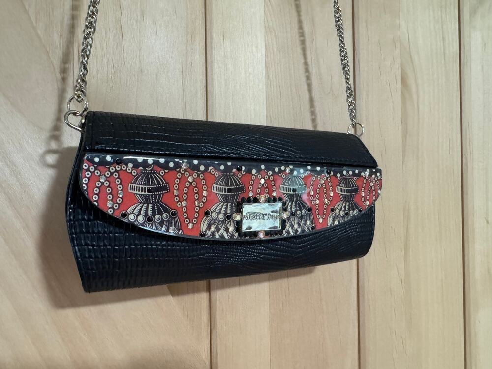Stella Page | Black Leather Silver Hardware Red Sparkle Decoupage Chain Purse